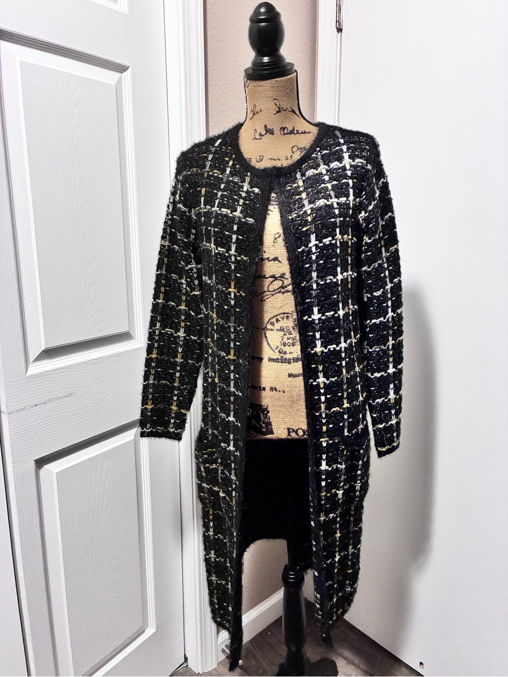 Black Plaid Long Open-Front Knit Cardigan with Cream & Gold Accents